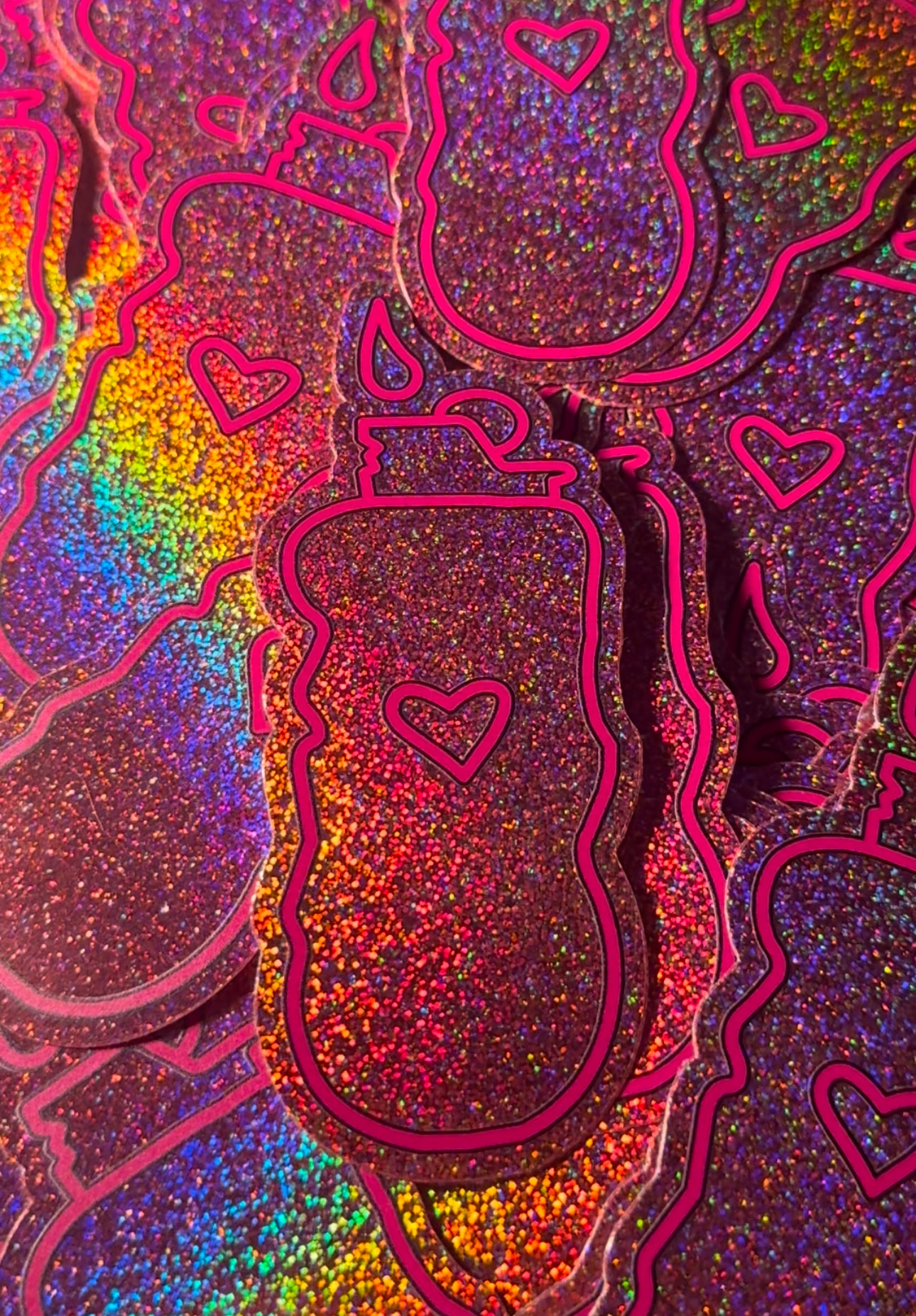 BURNING LOVE - PINK HOLOGRAPHIC GLITTER STICKER